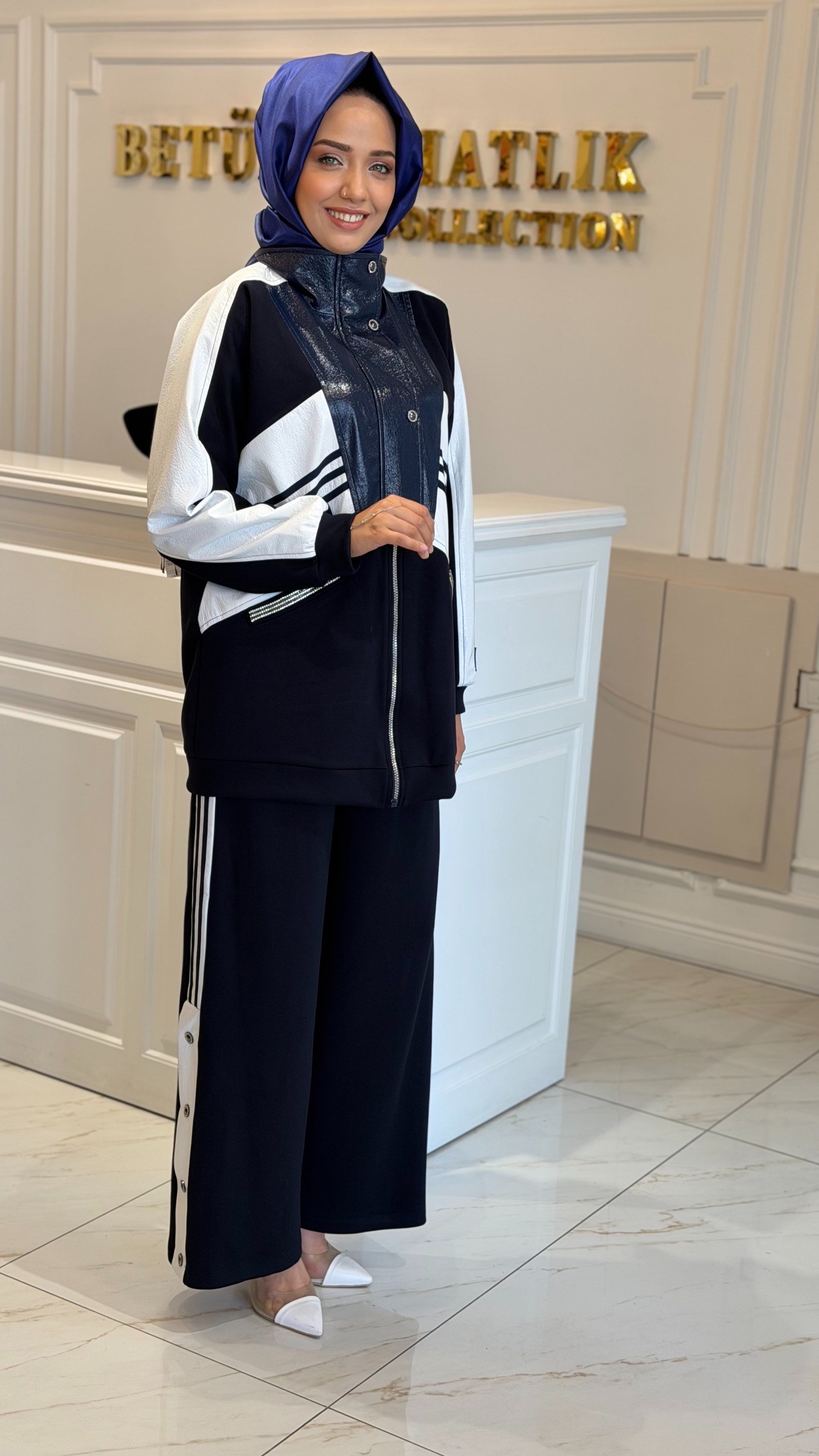 MY312 1739 ŞERİTLİ DERİLİ TAKIM LACİVERT