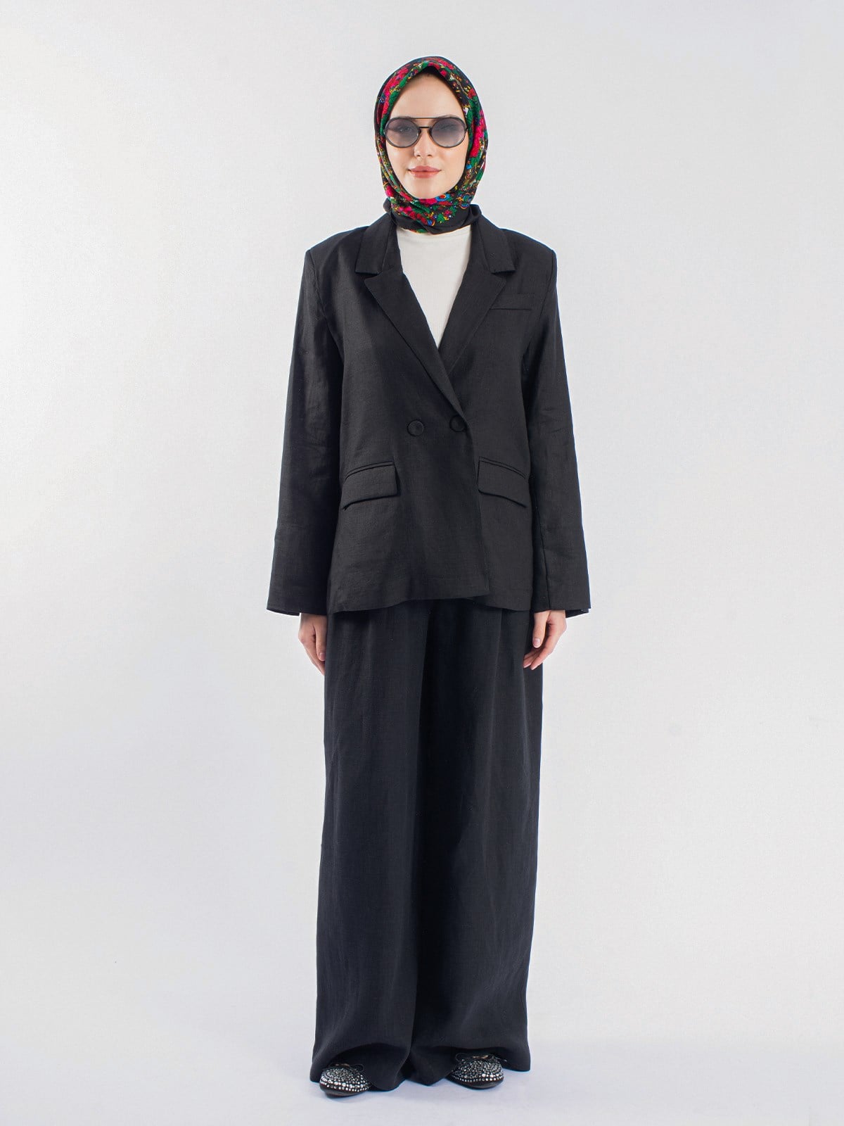 Yanları Yırtmaçlı Keten Oversize Ceket&Keten Palazzo Pantolon İkili Takım