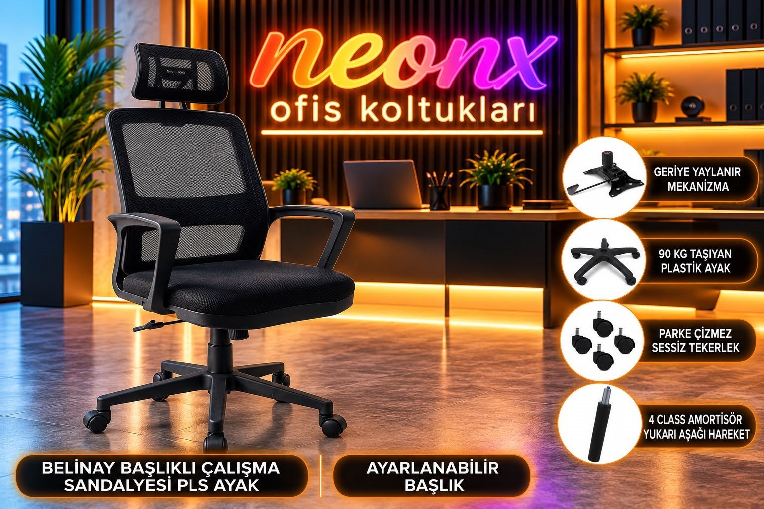 Neonx Belinay Başlıklı Çalışma Koltuğu Plastik Ayaklı 