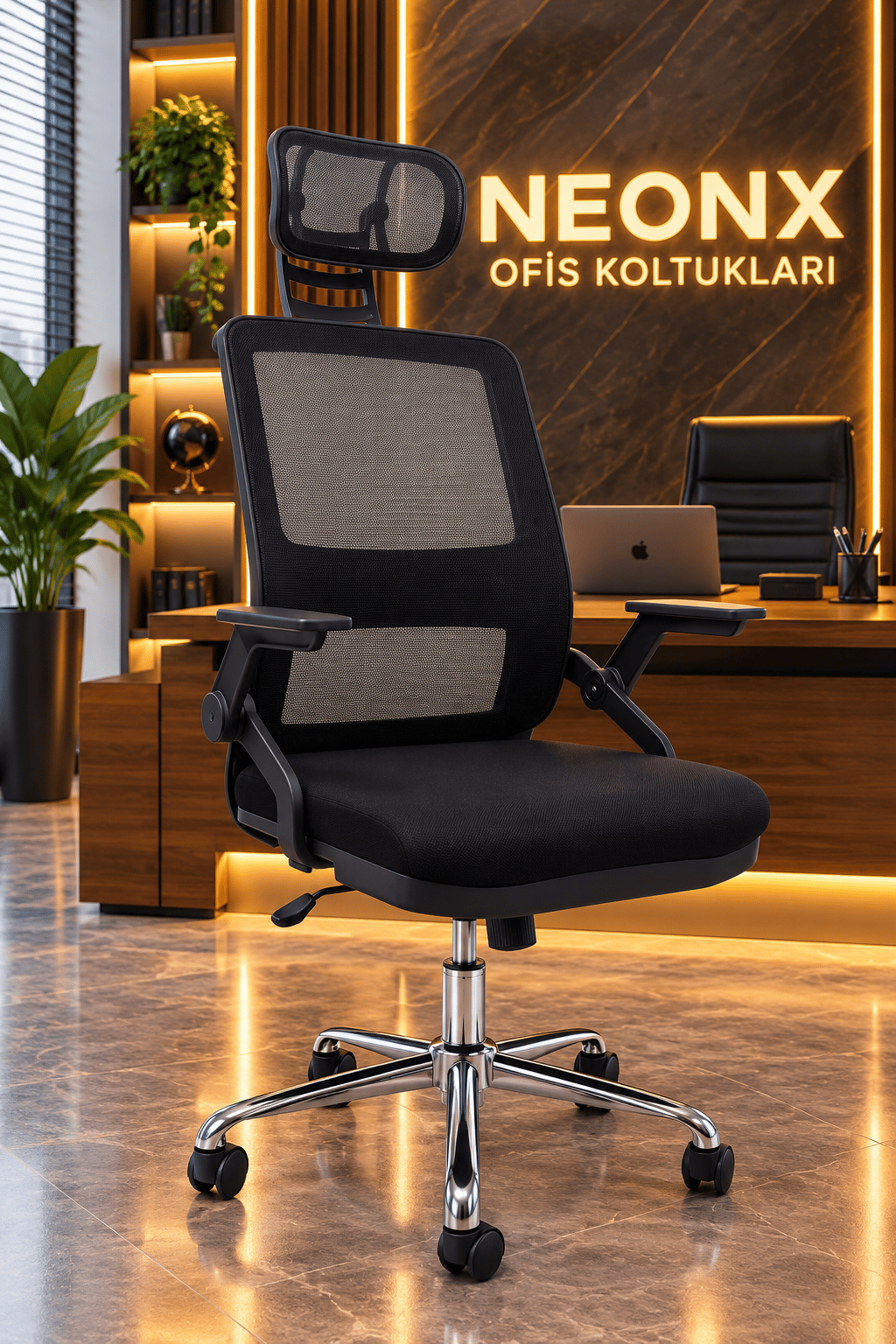 Neonx|Diloş Başlıklı Çalışma Sandalyesi Demir Ayaklı Oynar Kollu 