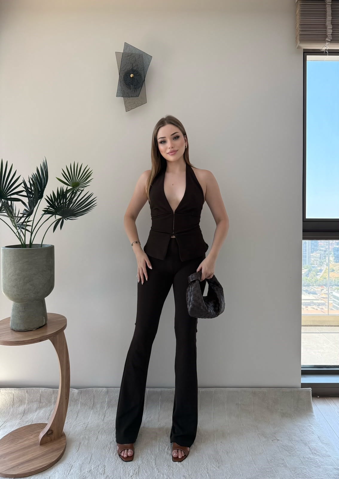 Agraflı Bluz ve Pantolonlu Crep Takım Acı Kahve 2363