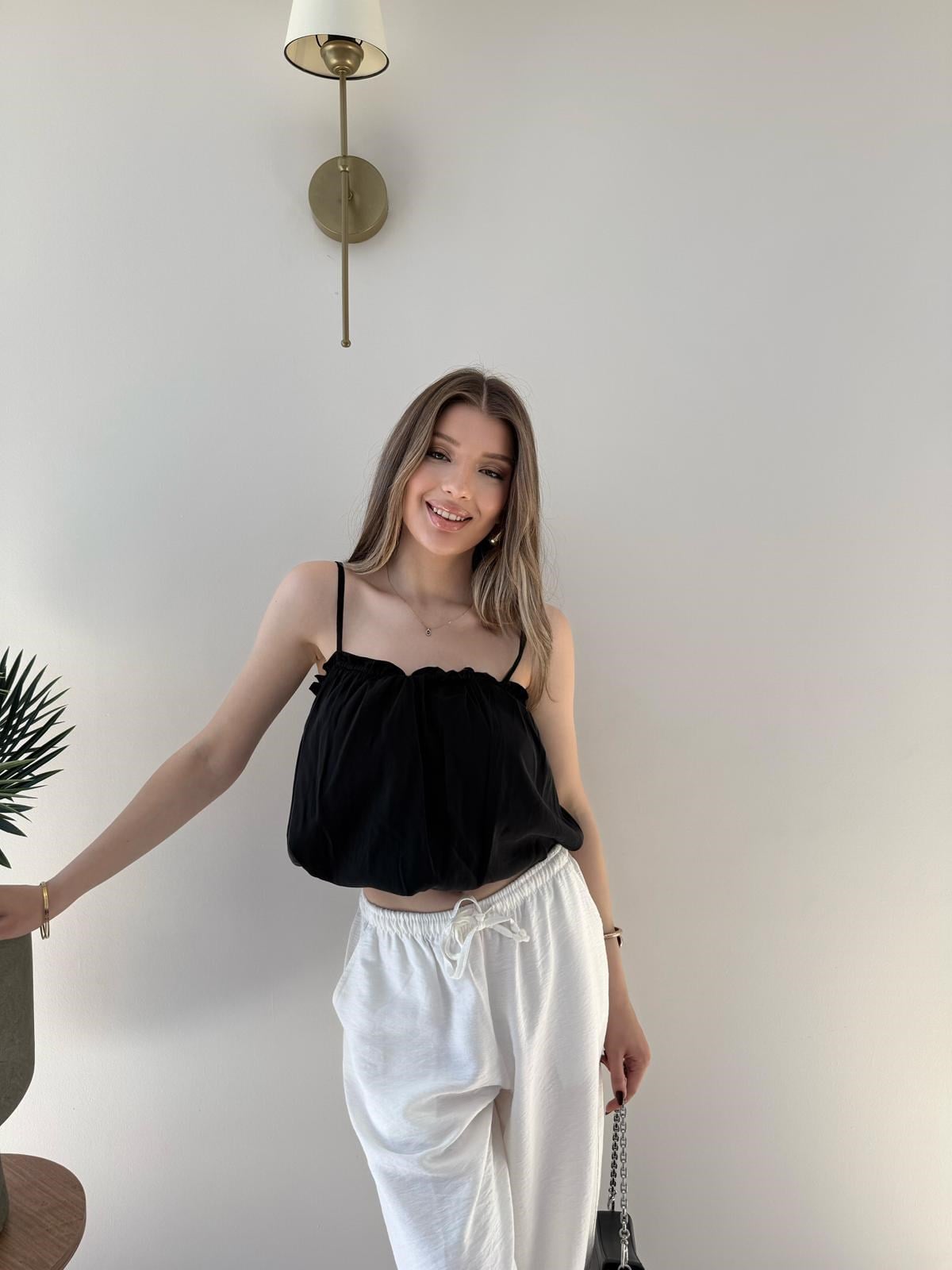 Askı Ayarlı İç Astarlı Balon Tensel Bluz Siyah 2283