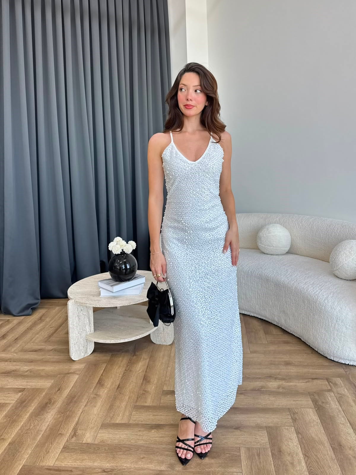 Askılı Astarlı Pul Payetli Elbise Beyaz 2388