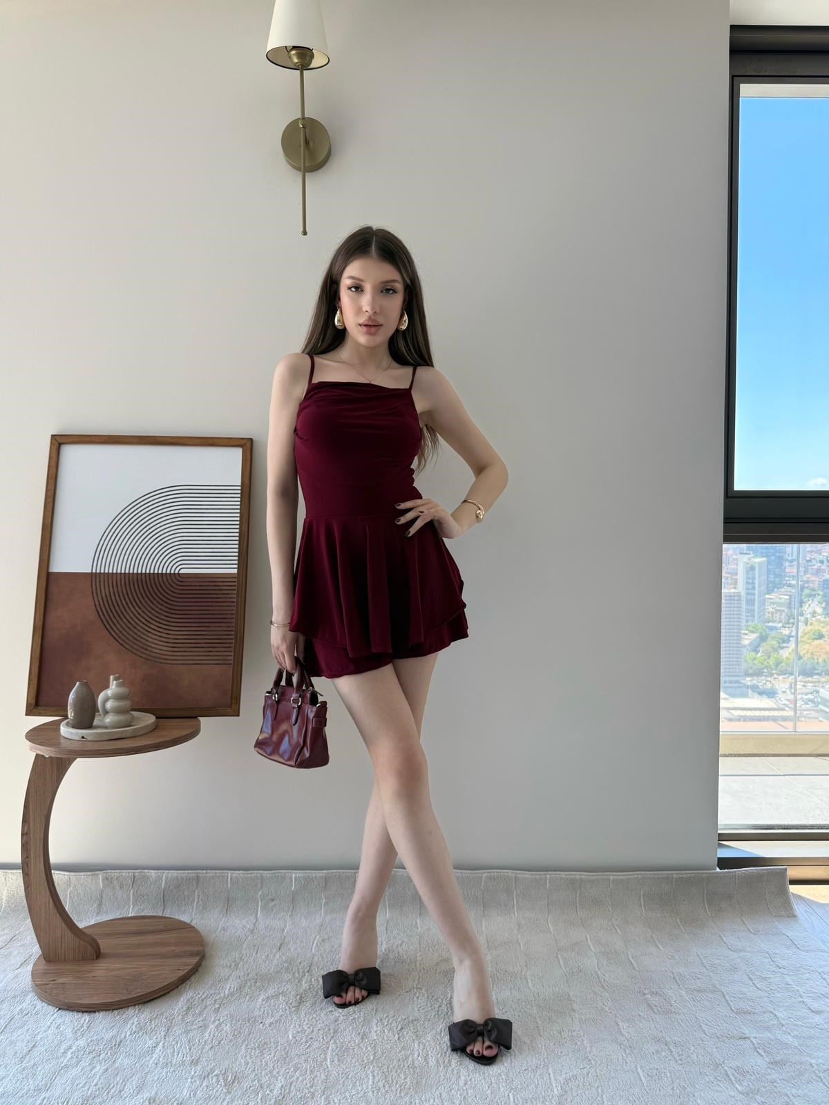 Askılı Bel Drape Detay Şortlu Elbise Bordo 2304