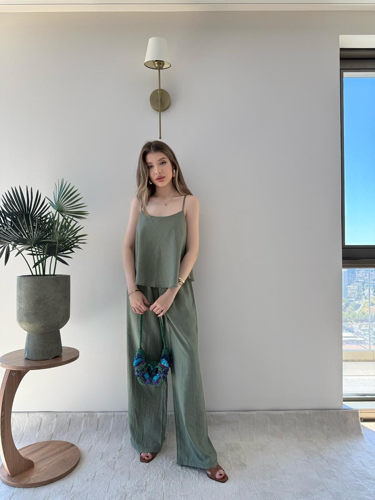 Askılı Bluz ve Pantolonlu Çilek İkili Takım Yeşil 2316