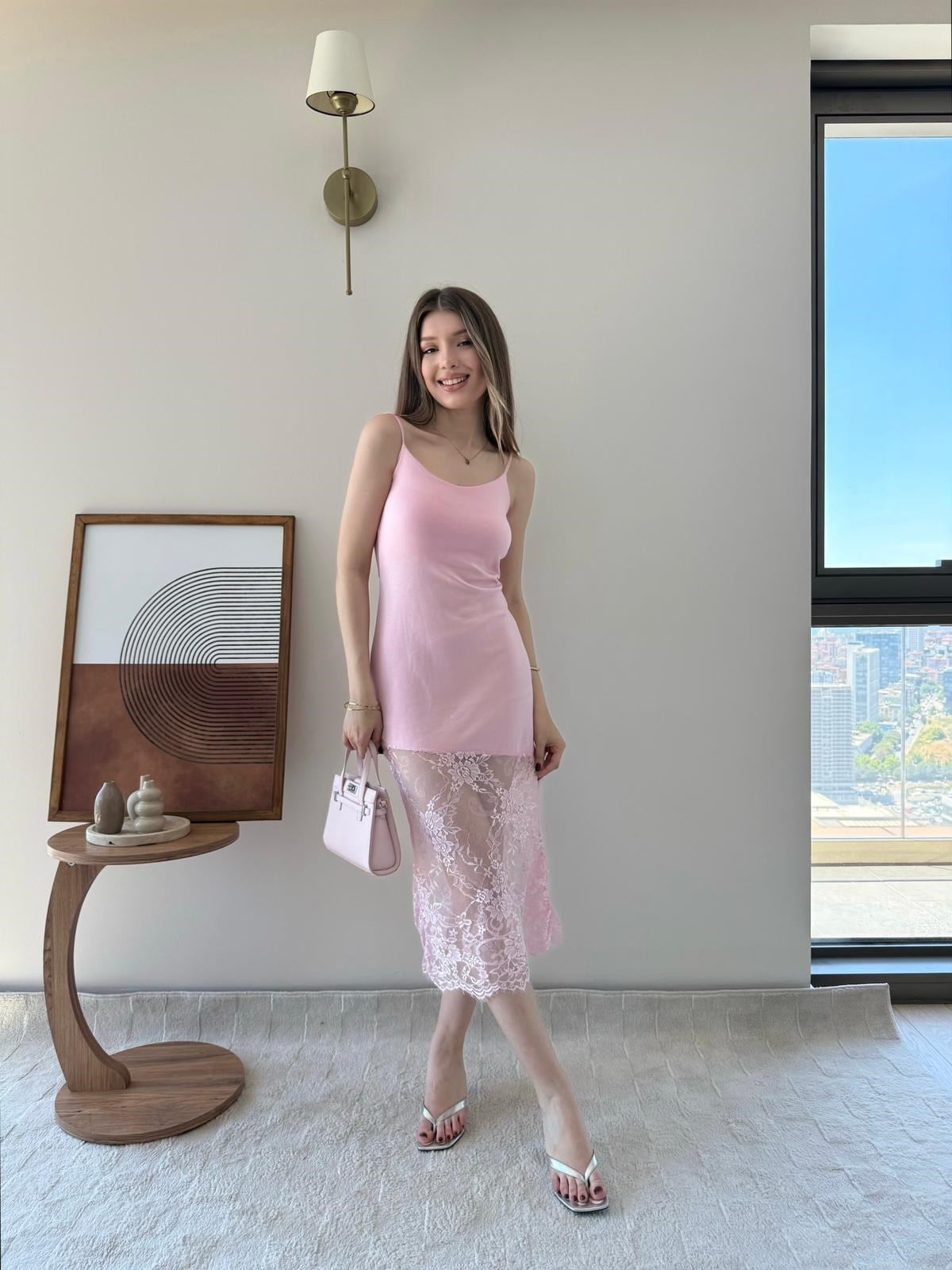 Askılı Etek Dantel Detay Elbise Pembe 2295