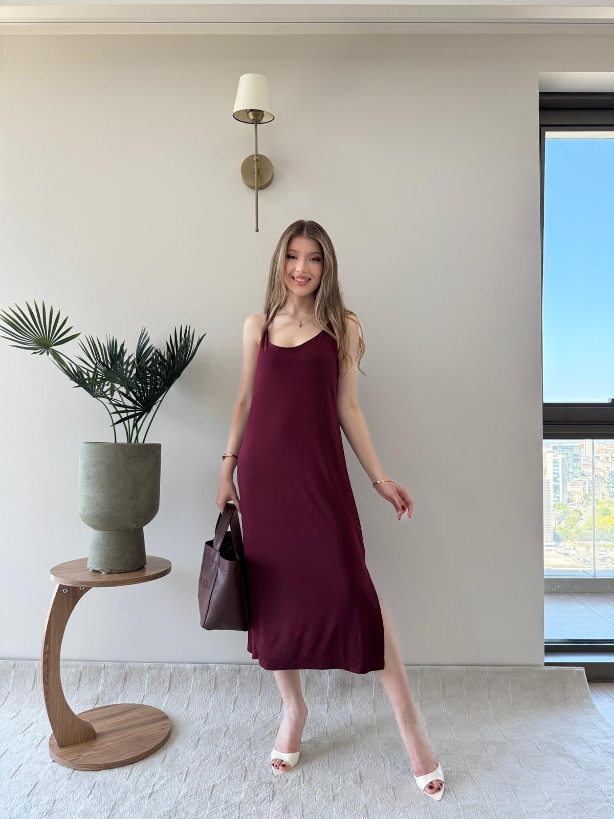 Askılı Salaş Yırtmaçlı Modal Elbise Bordo 2224