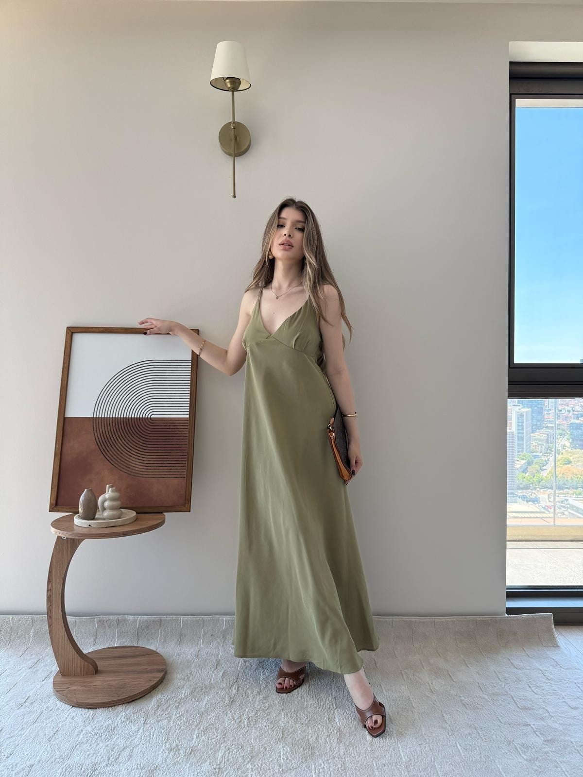 Askılı Sırt Çapraz Detay Midiboy Tensel Modal Elbise Haki 2293