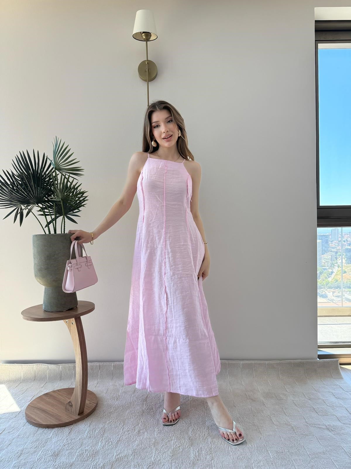 Askılı Ters Dikiş Detay Keten Uzun Elbise Pembe 2216