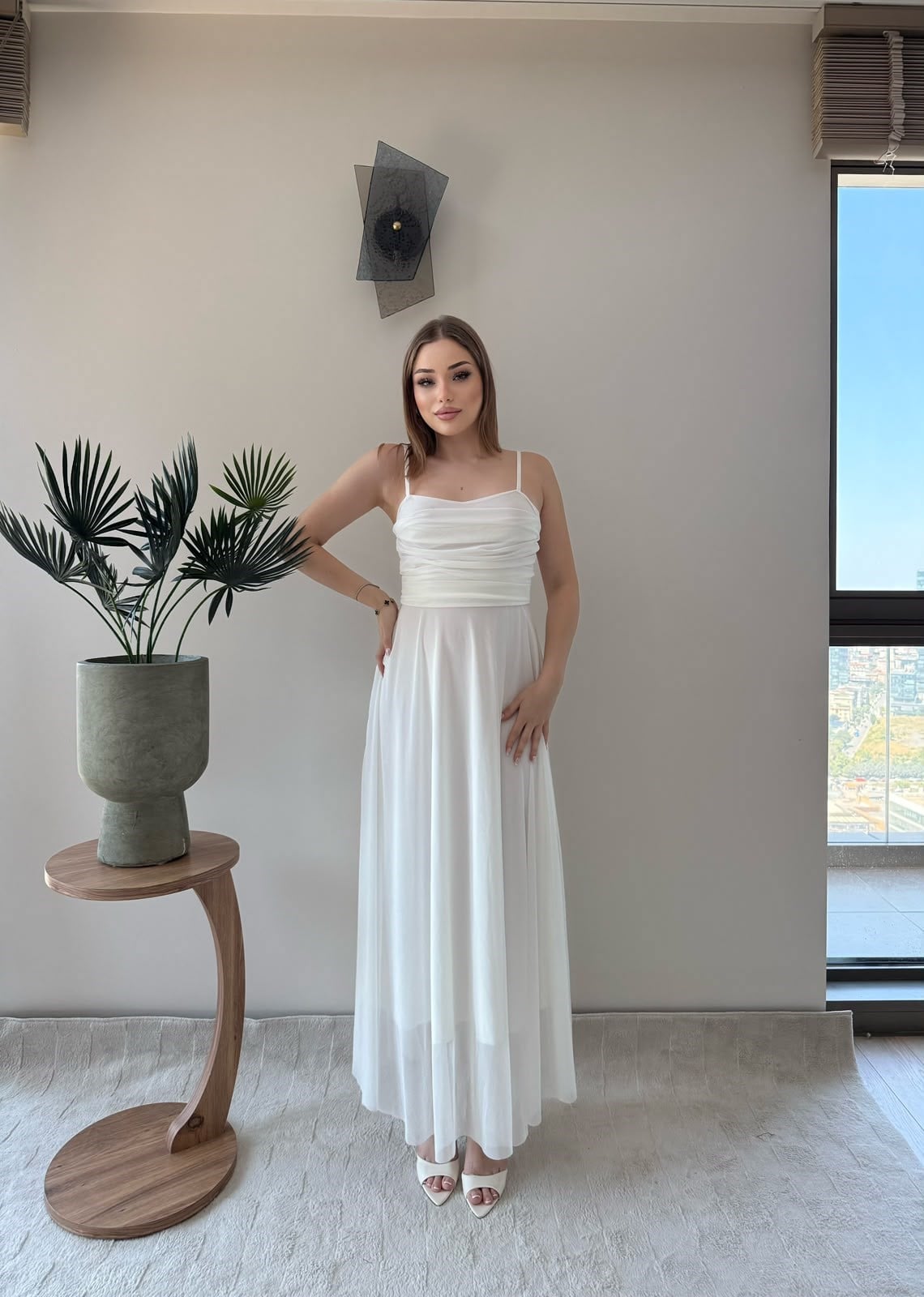 Askılı Tül Astarlı Uzun Elbise Beyaz 2367