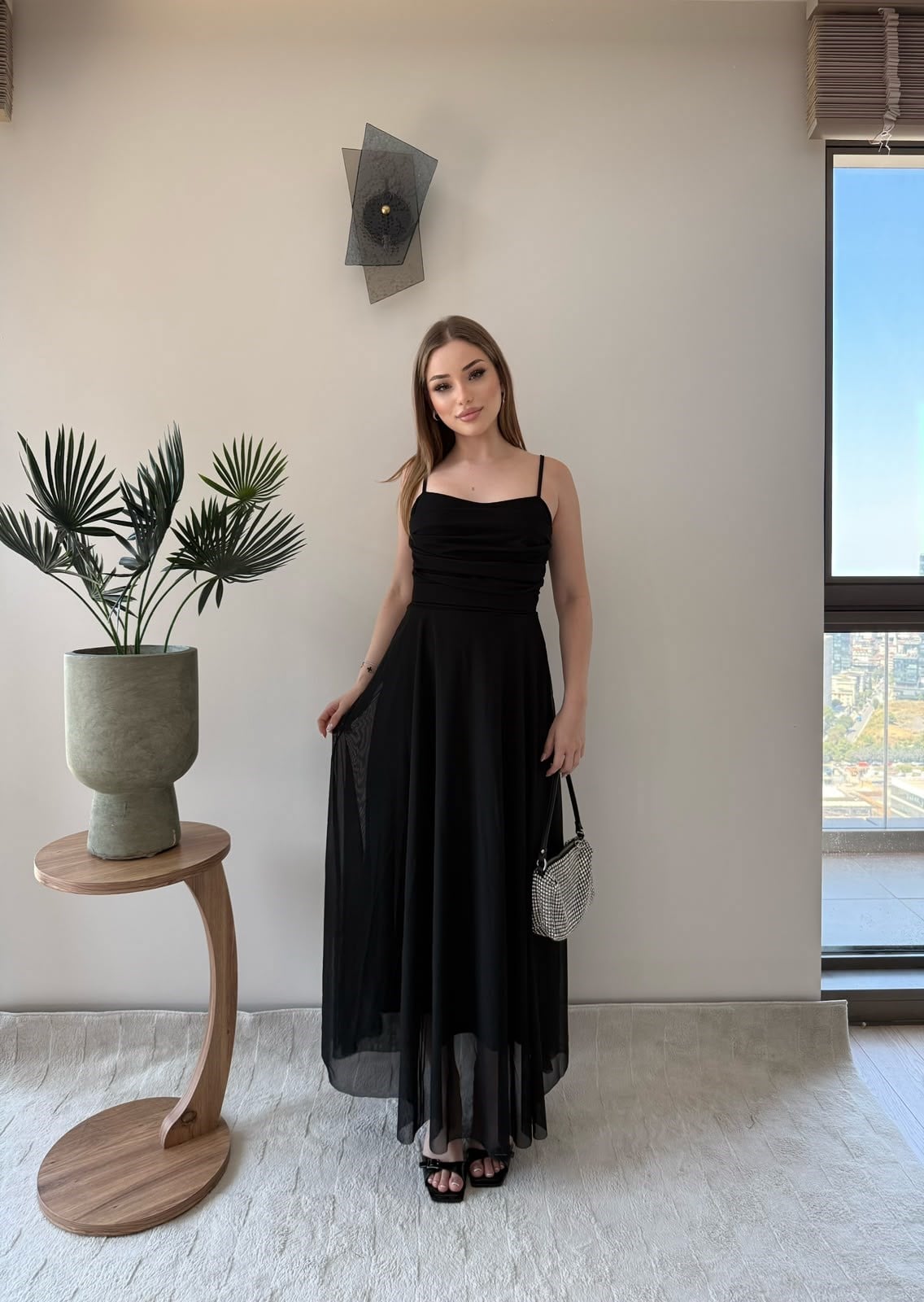 Askılı Tül Astarlı Uzun Elbise Siyah 2367
