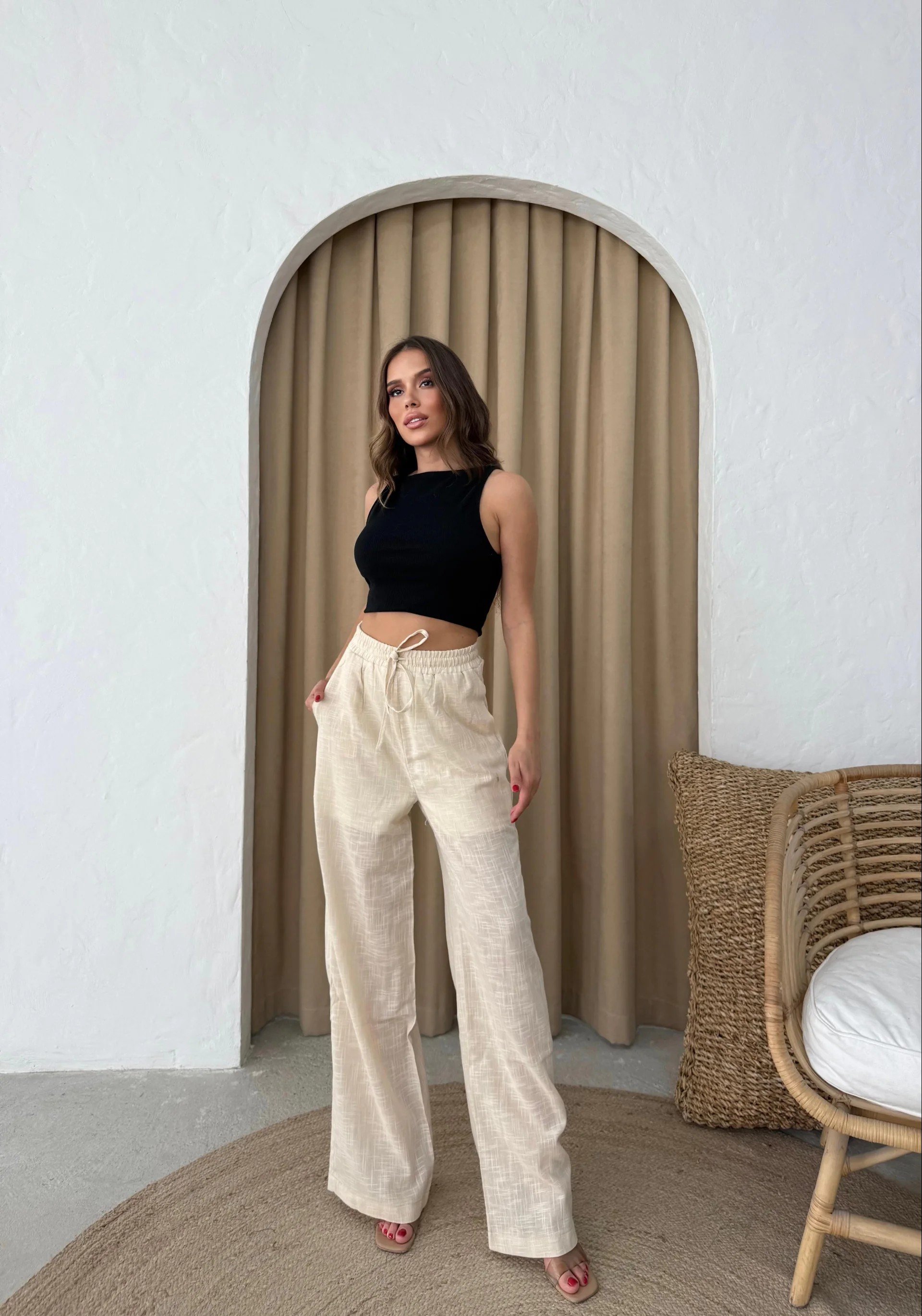 BEL BAĞCIKLI PALAZZO KETEN PANTOLON KREM