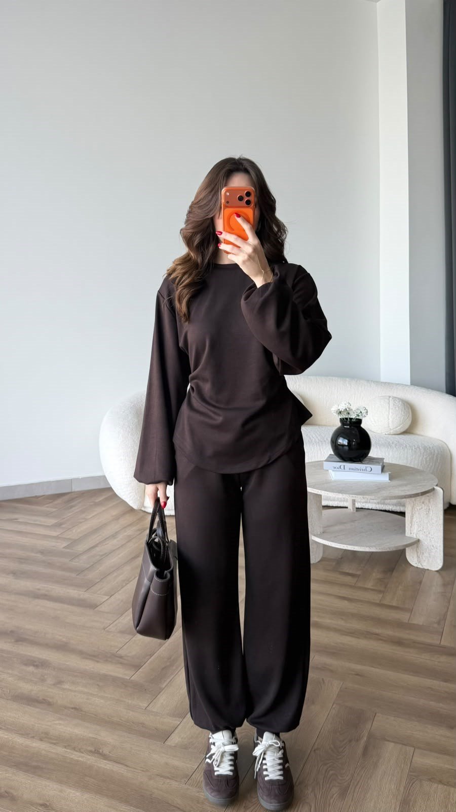 Bel Drape Detay İspanyol Kol Sweat Ve Eşofmanlı İkili Modal Takım Kahve 2493