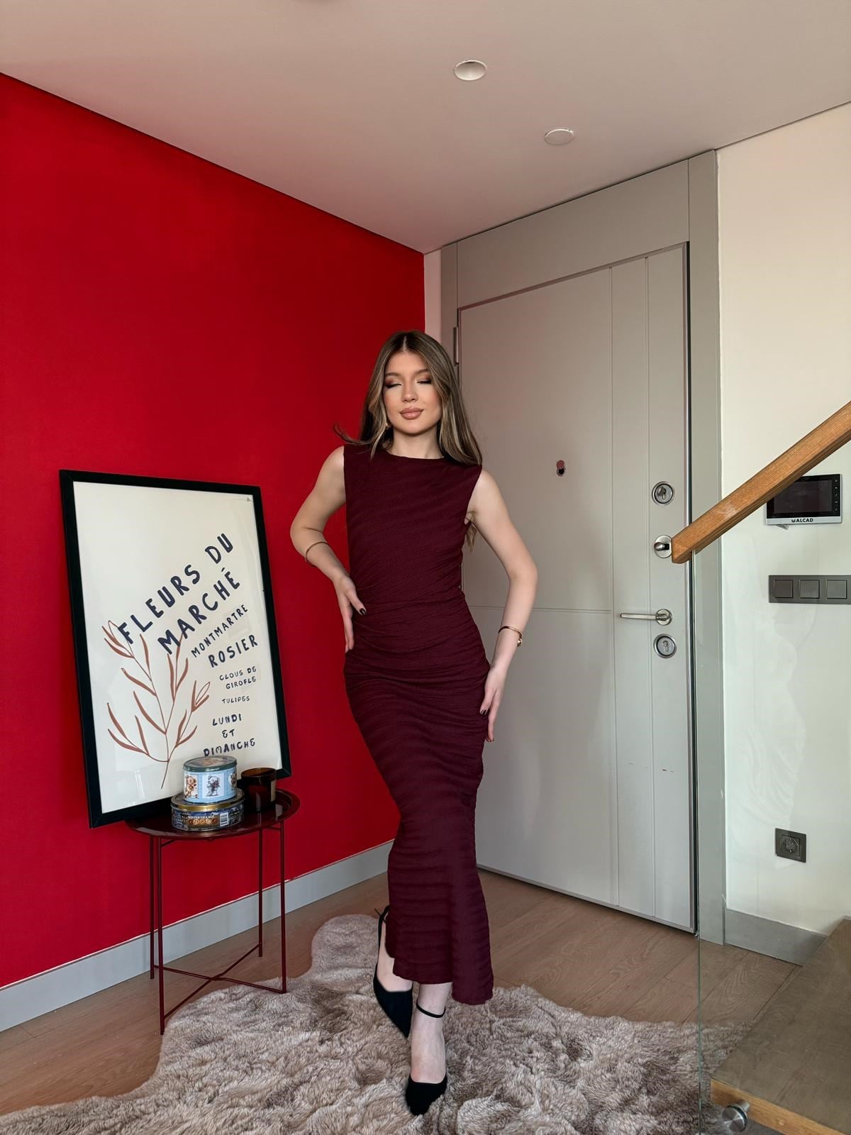 Bel Drape Detay Yırtmaçlı Uzun Gofre Elbise Bordo 2177