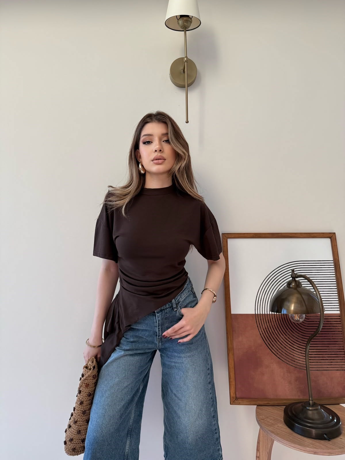 Bel Drape Saçaklı Modal Tişört Acı Kahve 2326