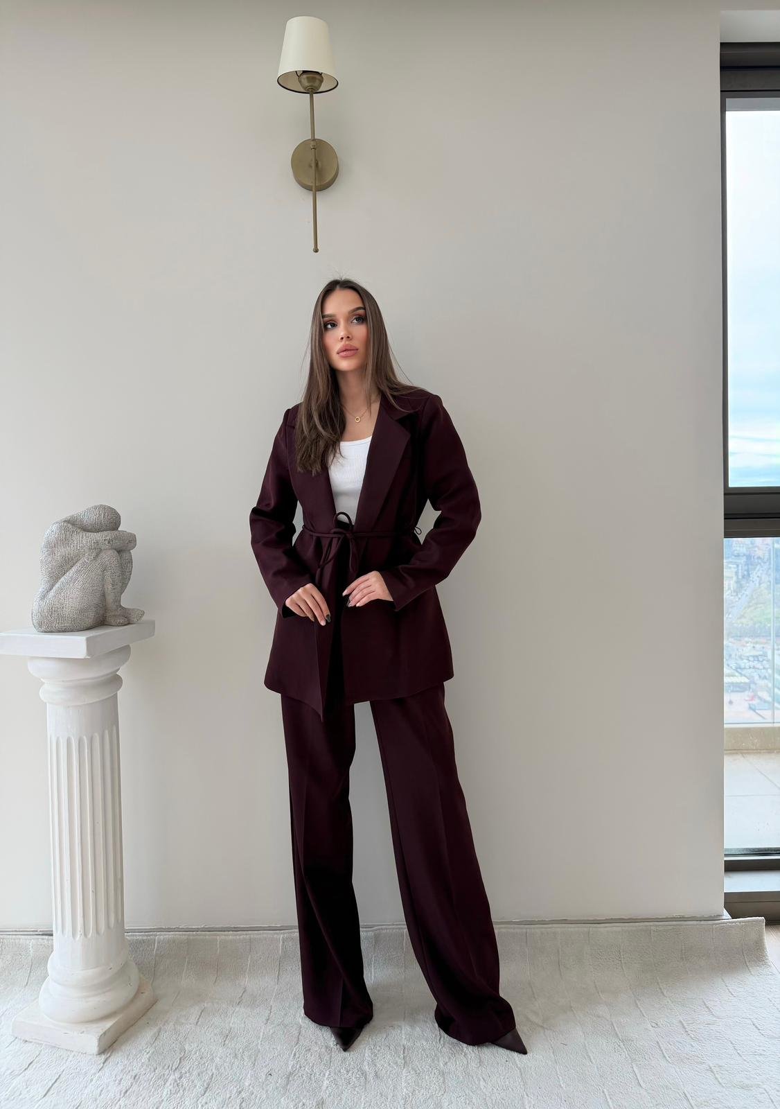 Bel Kuşaklı İç Astarlı Blazer Ceket Ve Palazzo Bel Lastikli Pantolonlu İkili Kumaş Takım Mürdüm 2051