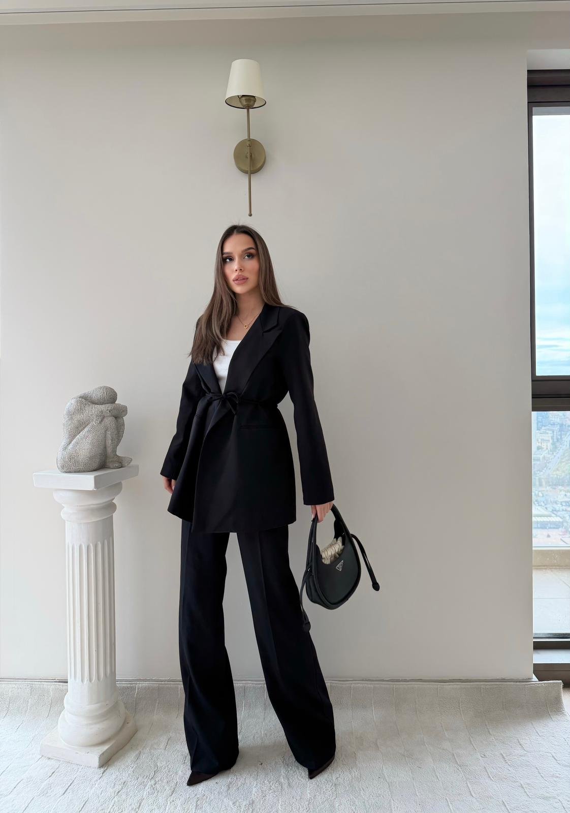 Bel Kuşaklı İç Astarlı Blazer Ceket Ve Palazzo Bel Lastikli Pantolonlu İkili Kumaş Takım Siyah 2051