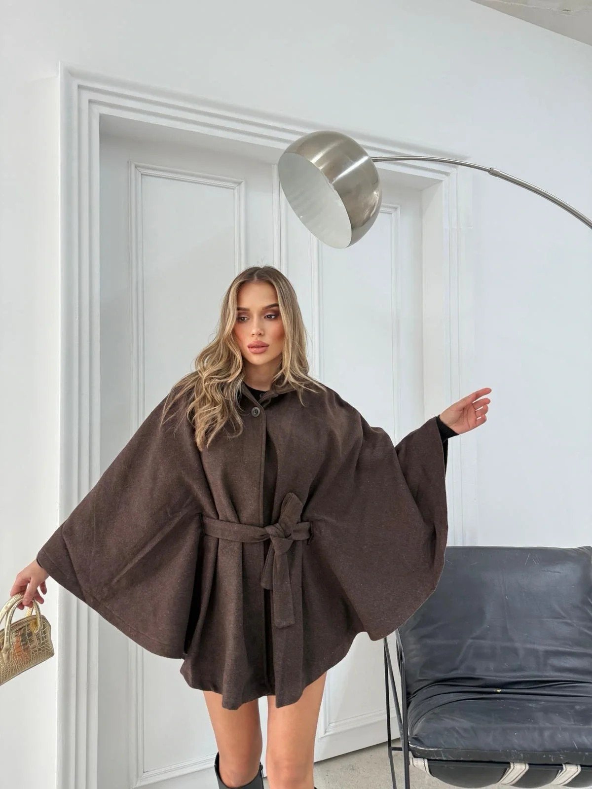 BEL KUŞAKLI KAŞE PANÇO KAHVE