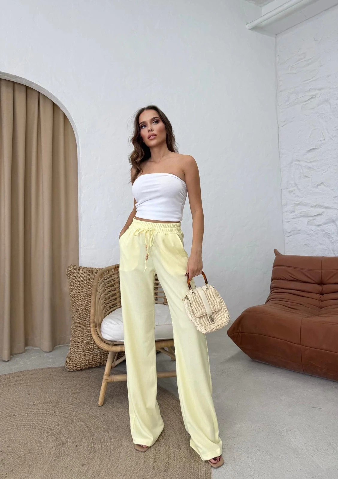 BEL LASTİKLİ PALAZZO GOFRE PANTOLON SARI