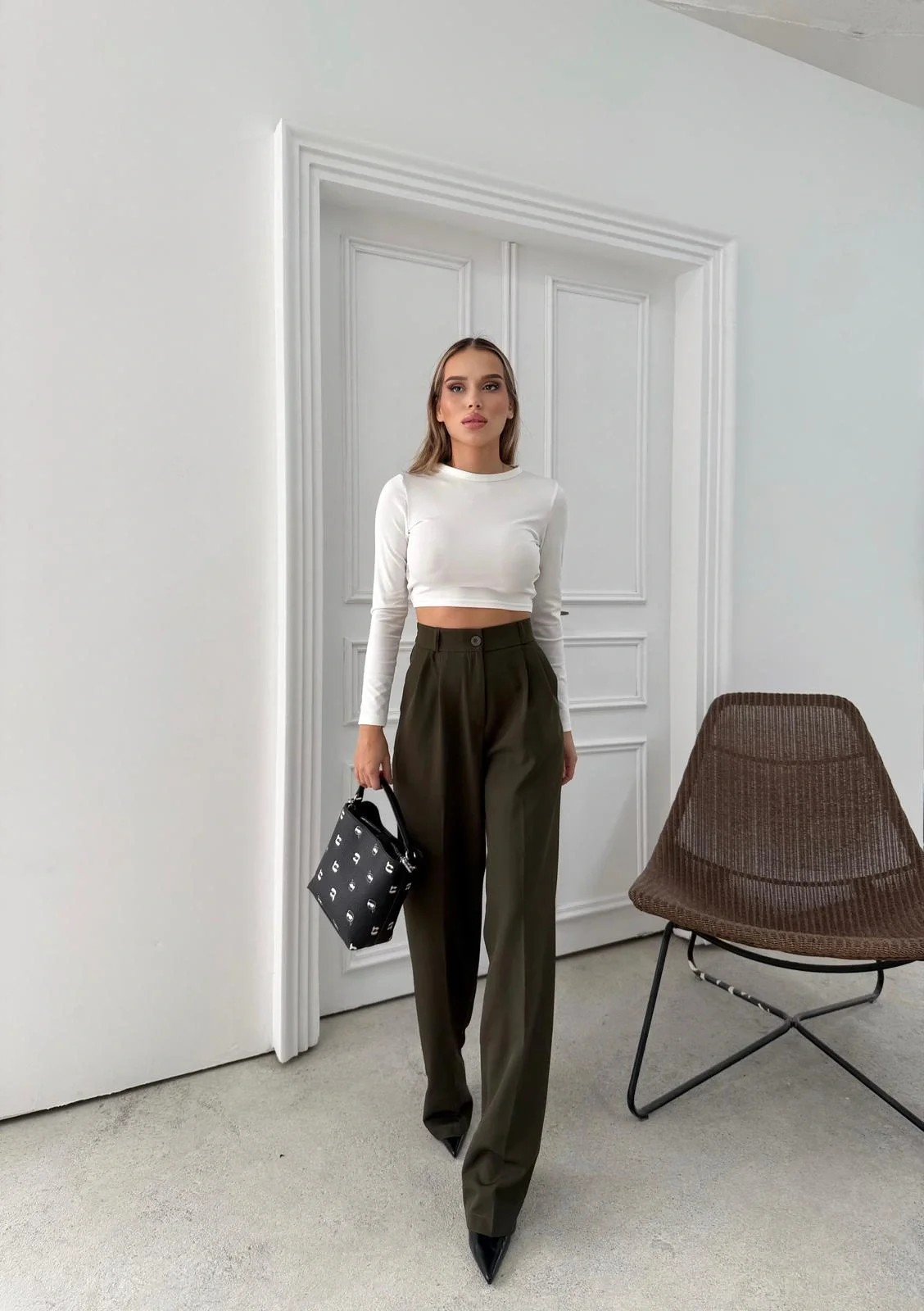 BEL LASTİKLİ YÜKSEK BEL PALAZZO KUMAŞ PANTOLON HAKİ