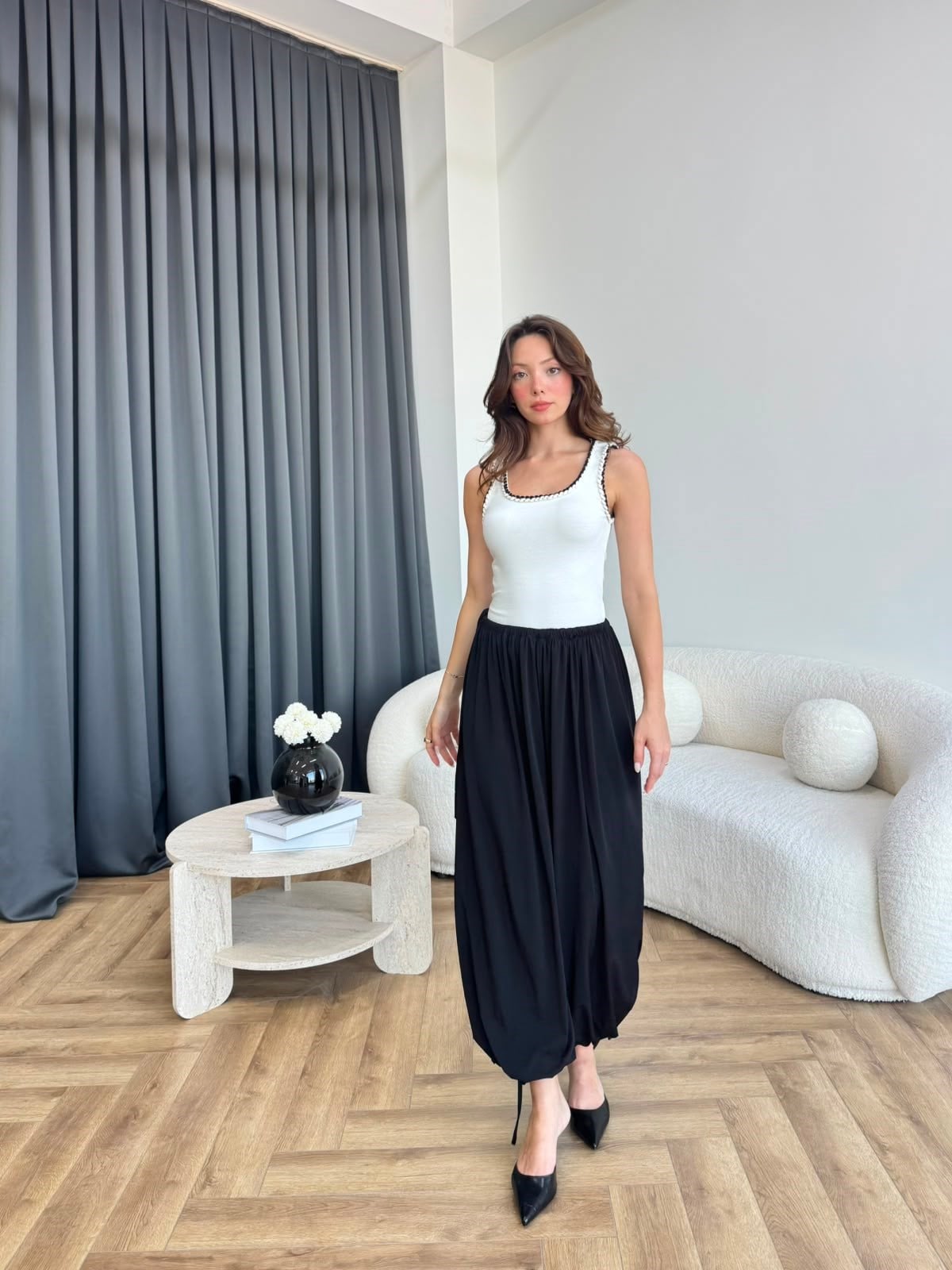 Bel ve Paça İp Bağlama Detay Salaş Sandy Şalvar Pantolon Siyah 2385