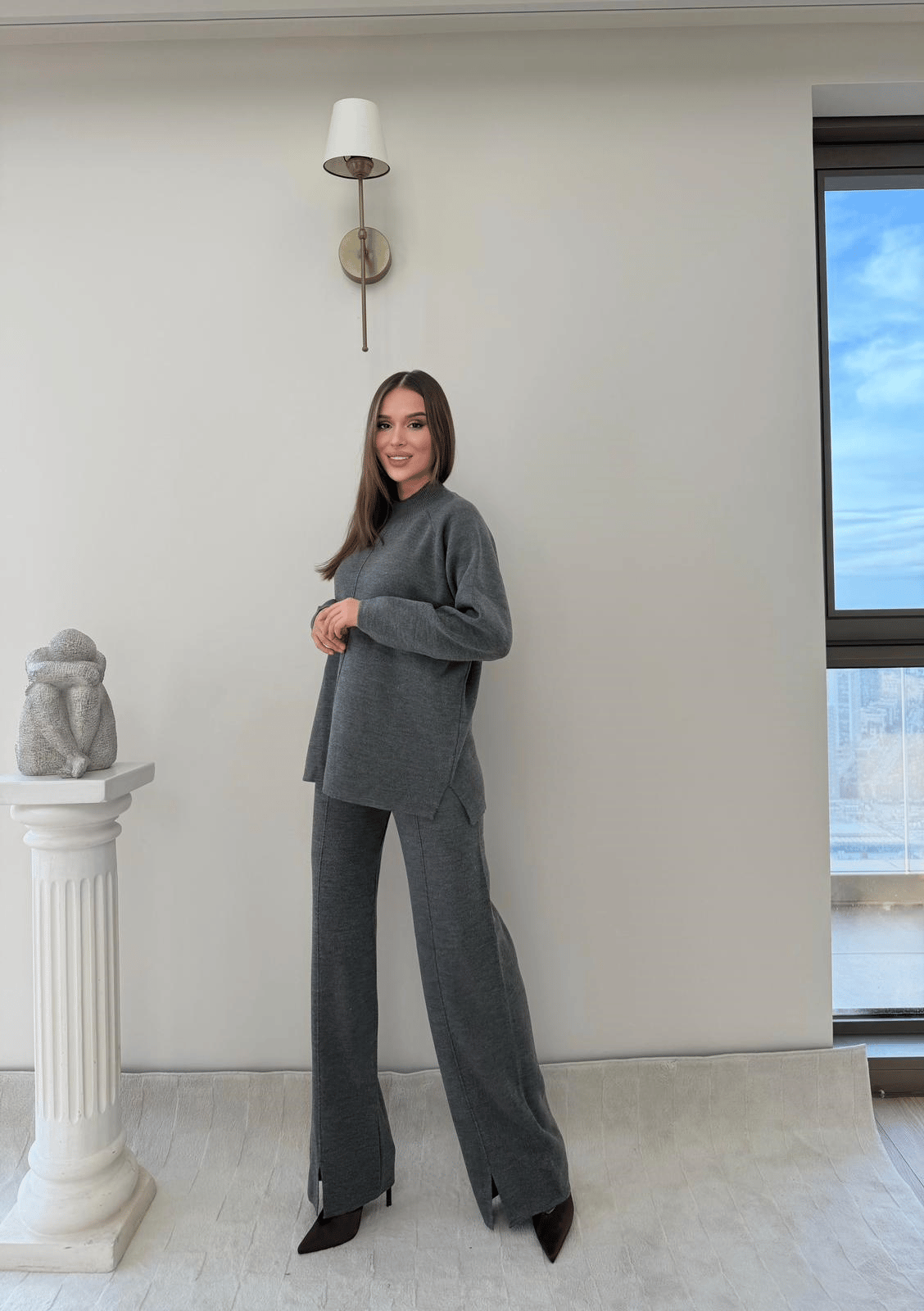 Bisiklet Yaka Salaş Kazak ve Pantolon Yırtmaçlı İkili Triko Takım Antrasit 