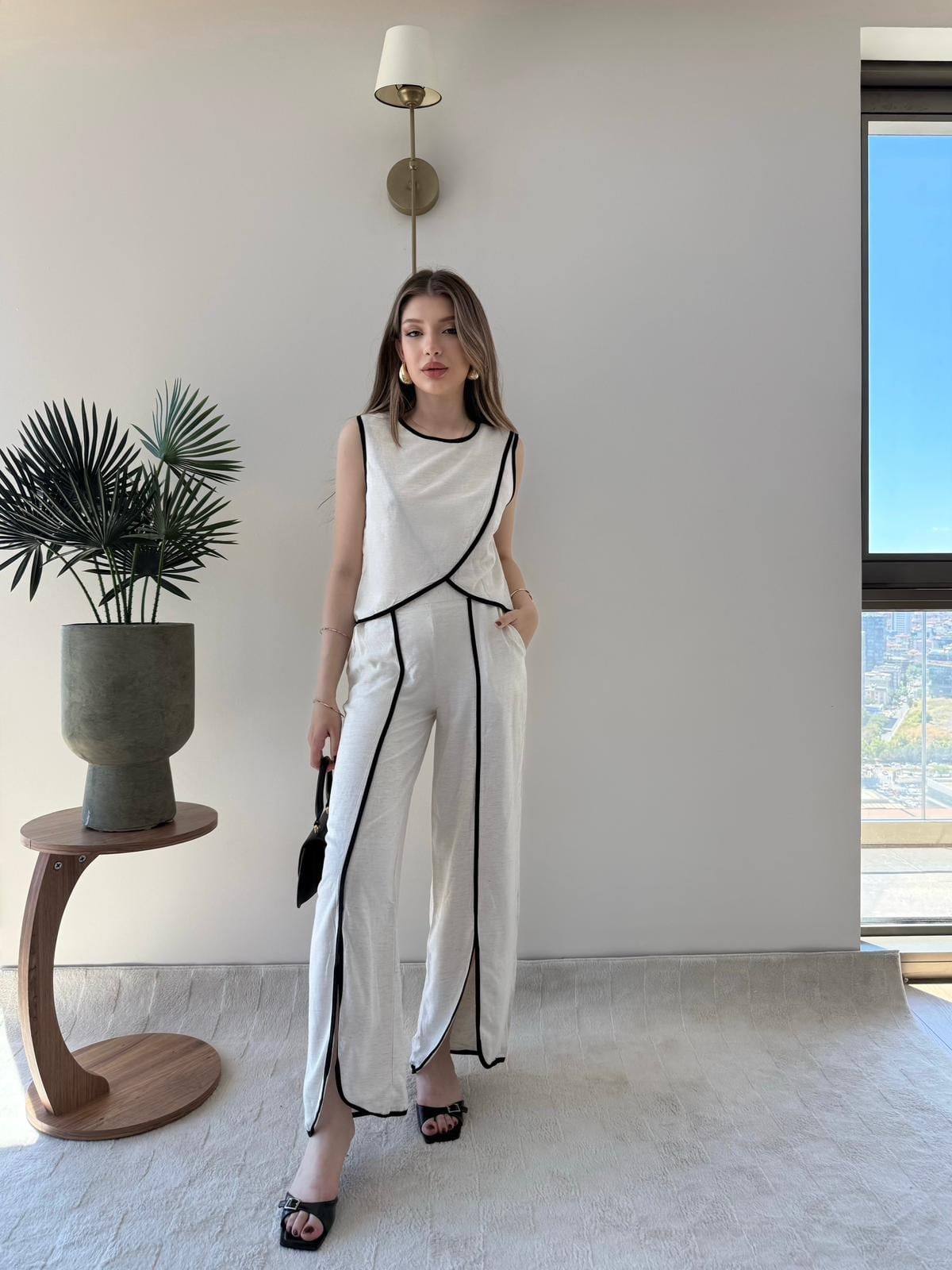Biye Detay Asimetrik Bluz ve Pantolon Yırtmaçlı İkili Keten Takım Taş 2313