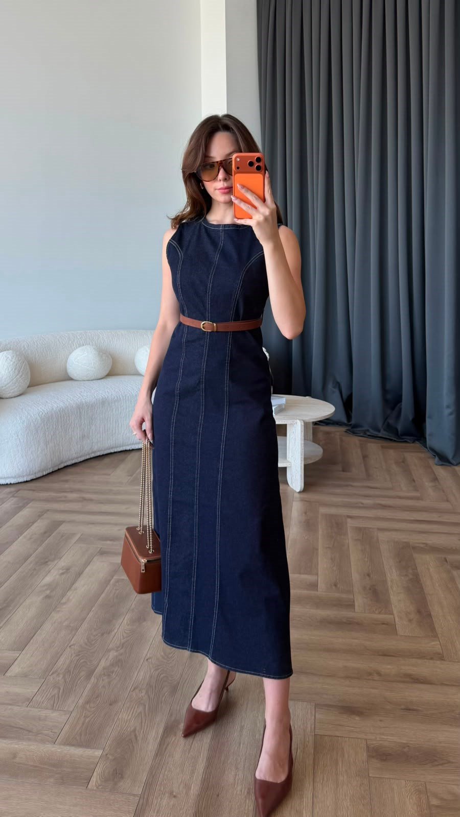 Biye Detay Kemerli Kot Elbise Lacivert 2406