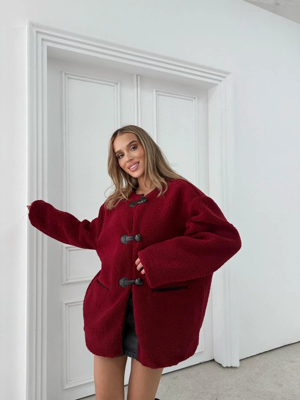 BİYELİ DÜĞME DETAY İÇ ASTARLI TEDDY KABAN BORDO