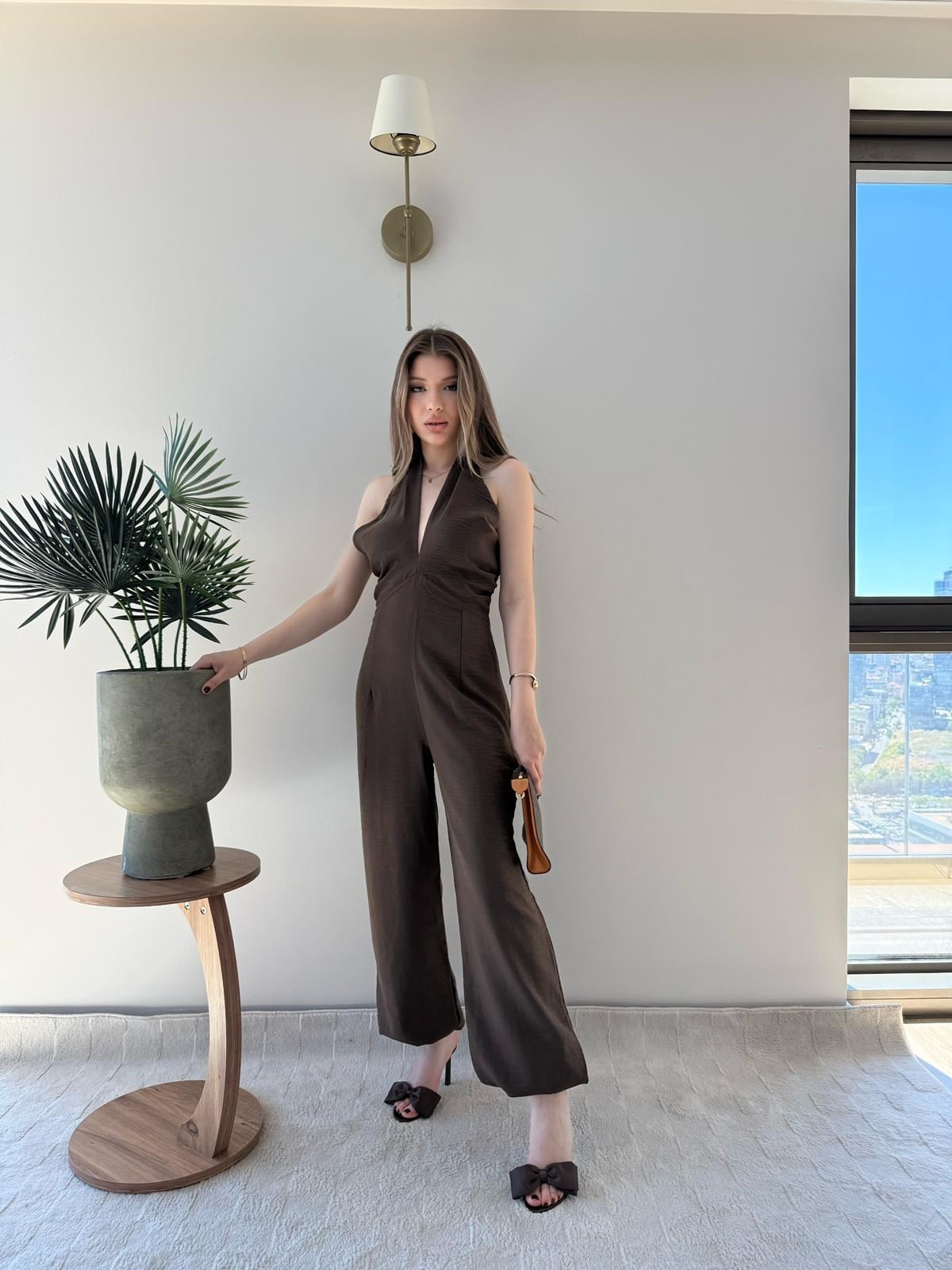 Boyundan Bağlamali Keten Tulum Kahve 2285