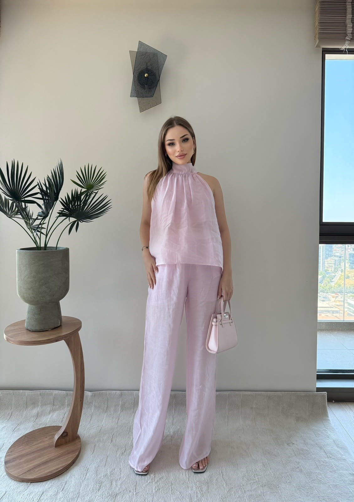Boyundan Bağlamalı Salaş Bluz ve Pantolonlu İkili Keten Takım Pembe 2362