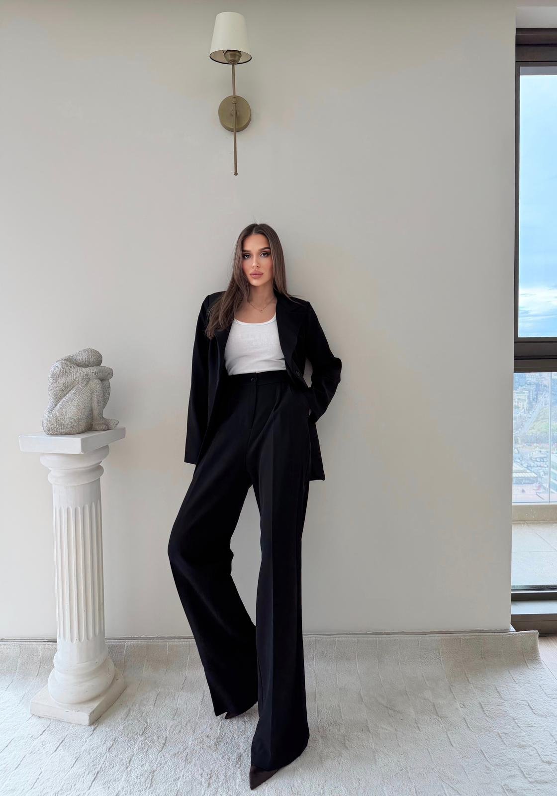 Çift Düğme Detay Blazer Ceket Ve Palazzo Pantolonlu İkili Kumaş Takım Siyah 2059
