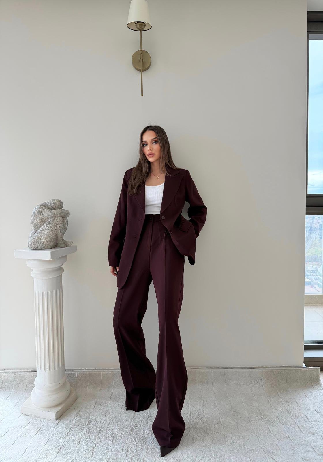 Çift Düğme Detay Blazer Ceket Ve Palazzo Pantolonlu İkili Kumaş Takım Mürdüm 2059