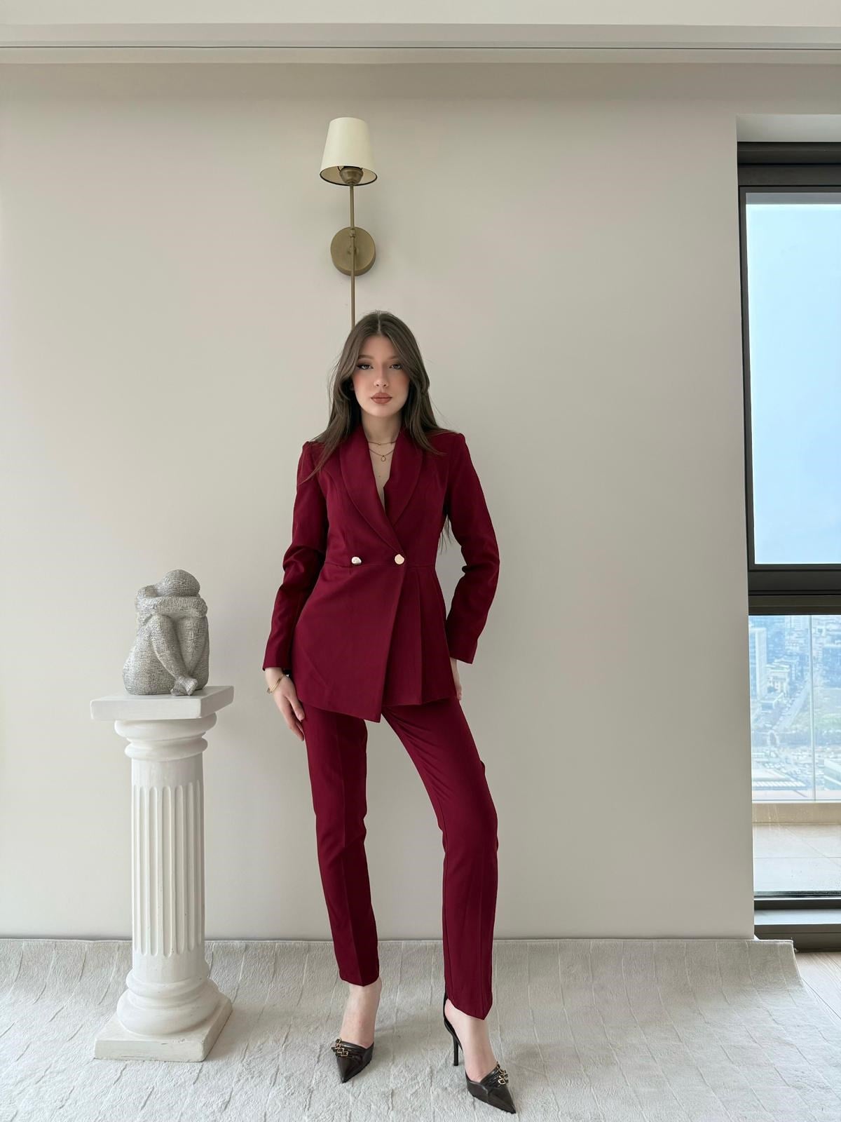 Çift Düğme Detay Pensli Blazer Ceket Ve Pantolonlu İkili Kumaş Takım Bordo 2100