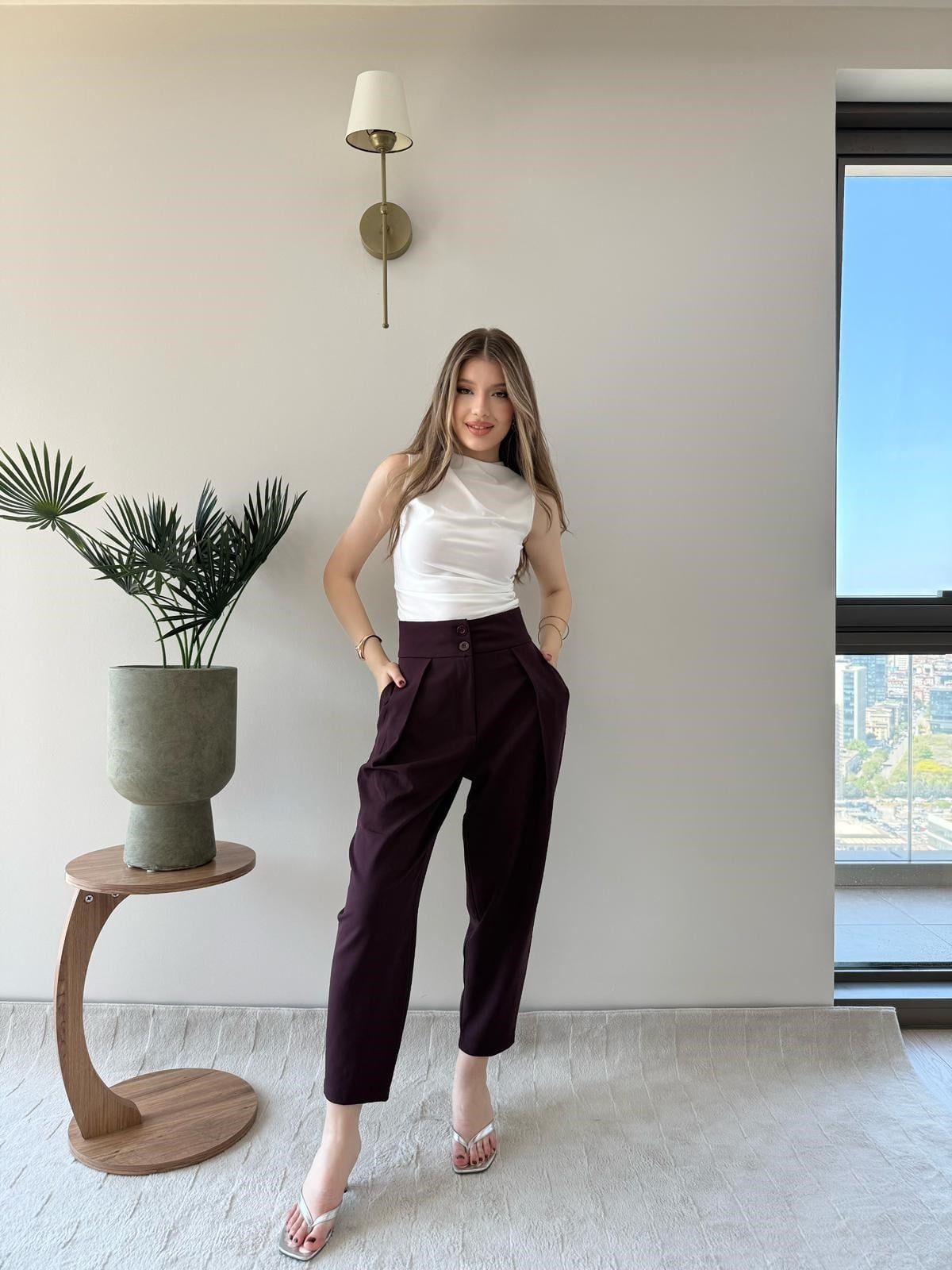 Çift Düğme Ön Pile Detay Havuç Double Pantolon Mürdüm 2218