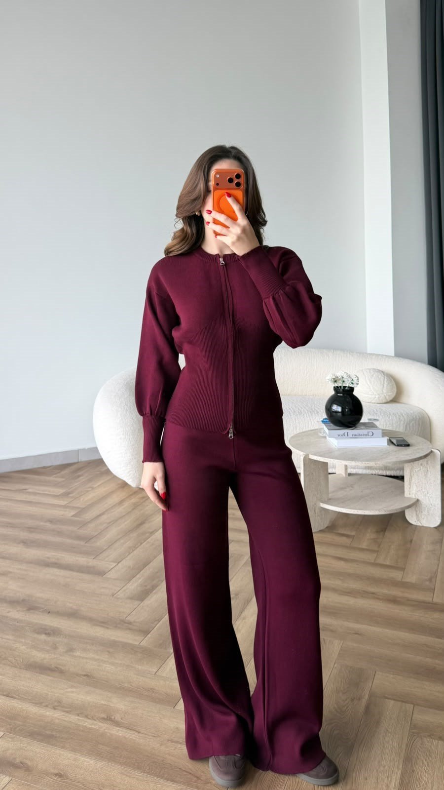 Çift Fermuar Detay Hırka ve Pantolonlu Triko Takım Bordo 2527
