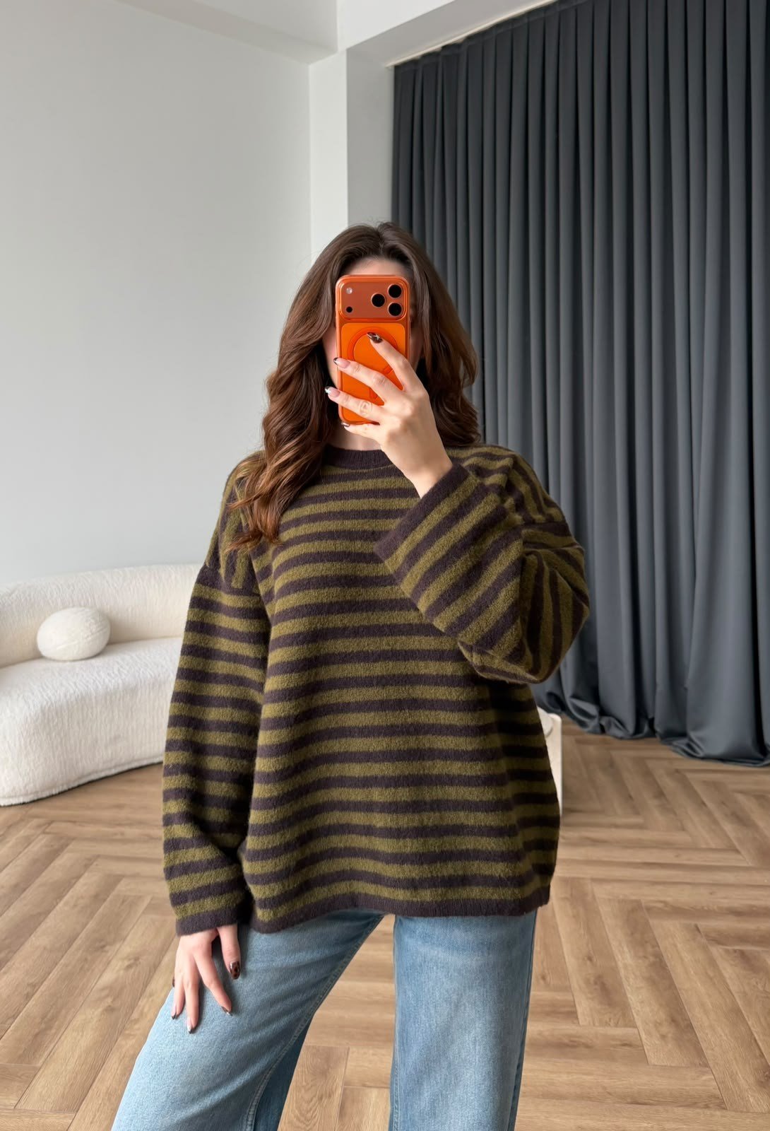 Çizgili Bisiklet Yaka Oversize Yumoş Dokulu Kazak Kahve Yeşil 2582