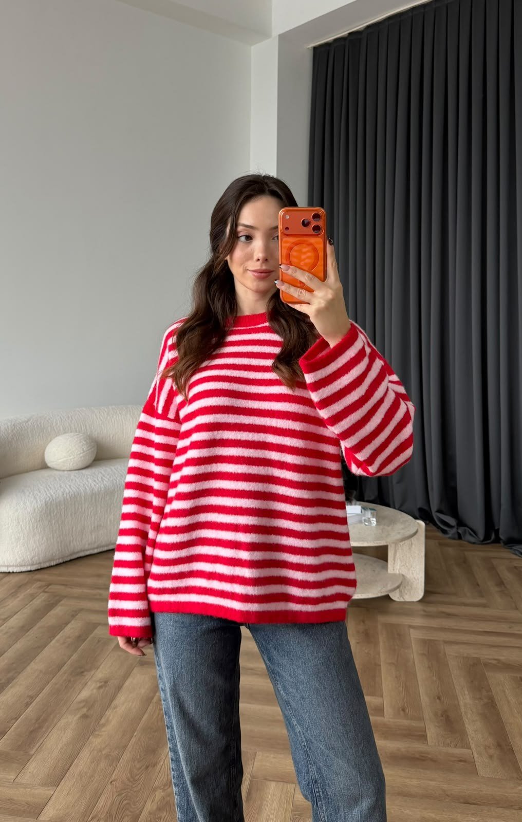Çizgili Bisiklet Yaka Oversize Yumoş Dokulu Kazak Kırmızı 2582