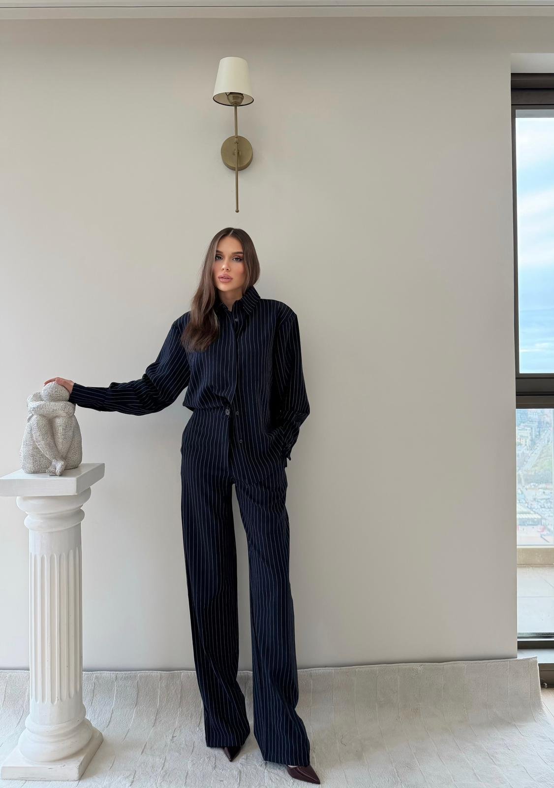 Çizgili Oversize Gömlek Ve Pantolonlu İkili Crep Takım Lacivert