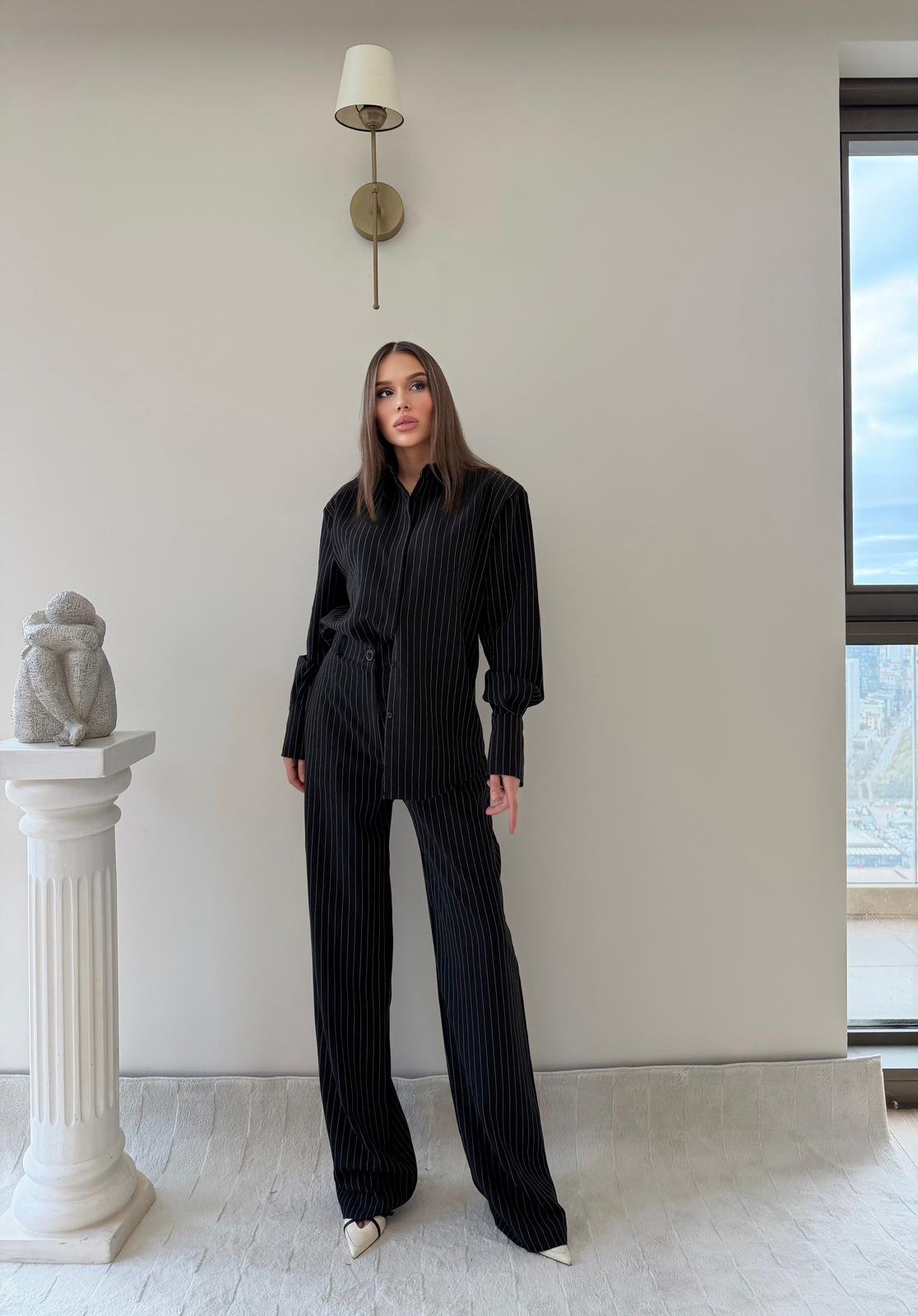 Çizgili Oversize Gömlek Ve Pantolonlu İkili Crep Takım Siyah