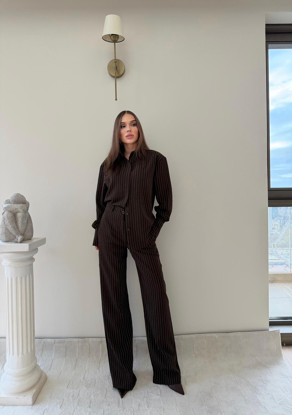 Çizgili Oversize Gömlek Ve Pantolonlu İkili Crep Takım Kahverengi