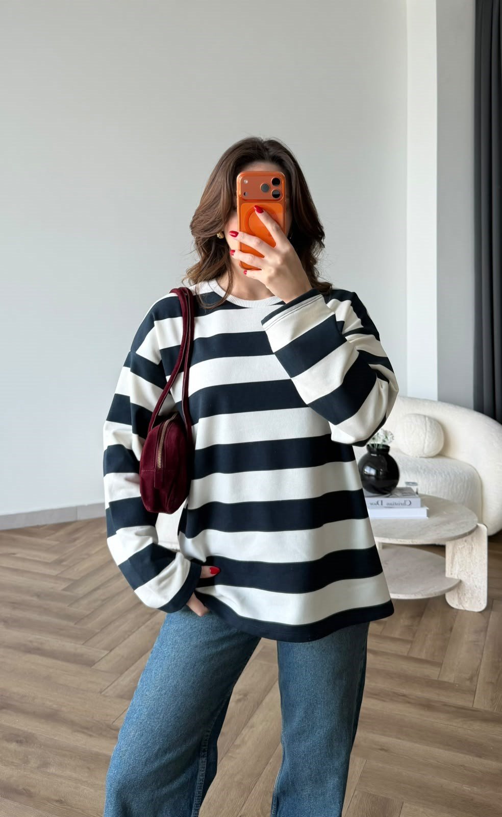 Çizgili Oversize Sweat Beyaz Siyah 2525