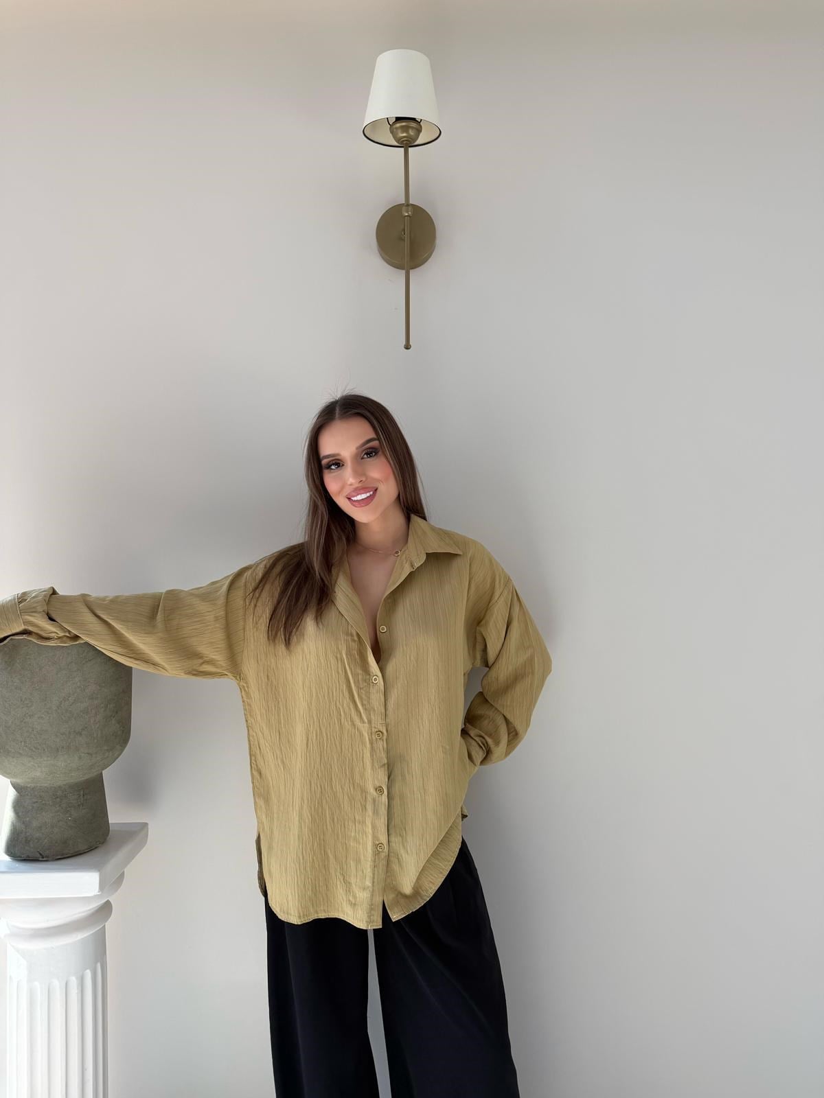 Çizgili Oversize Tensel Gömlek Camel 2094