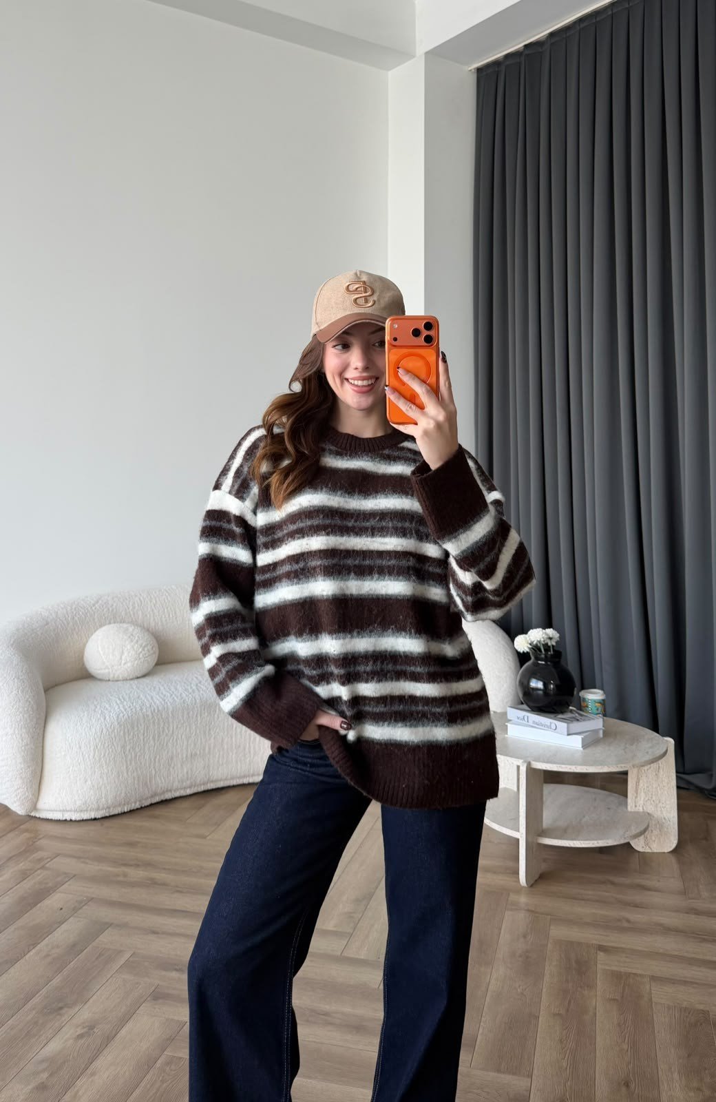 Çizgili Oversize Yumoş Dokulu Kazak Kahve 2567