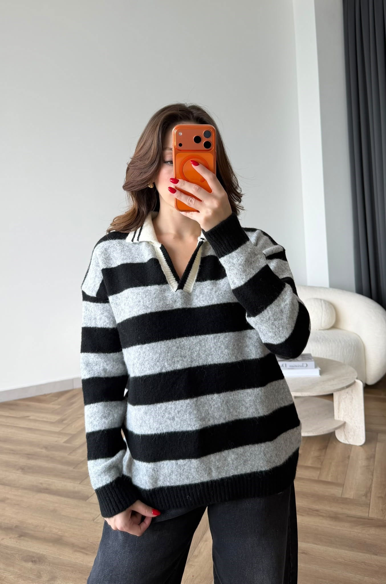Çizgili Yakalı Oversize Triko Siyah Gri 2531
