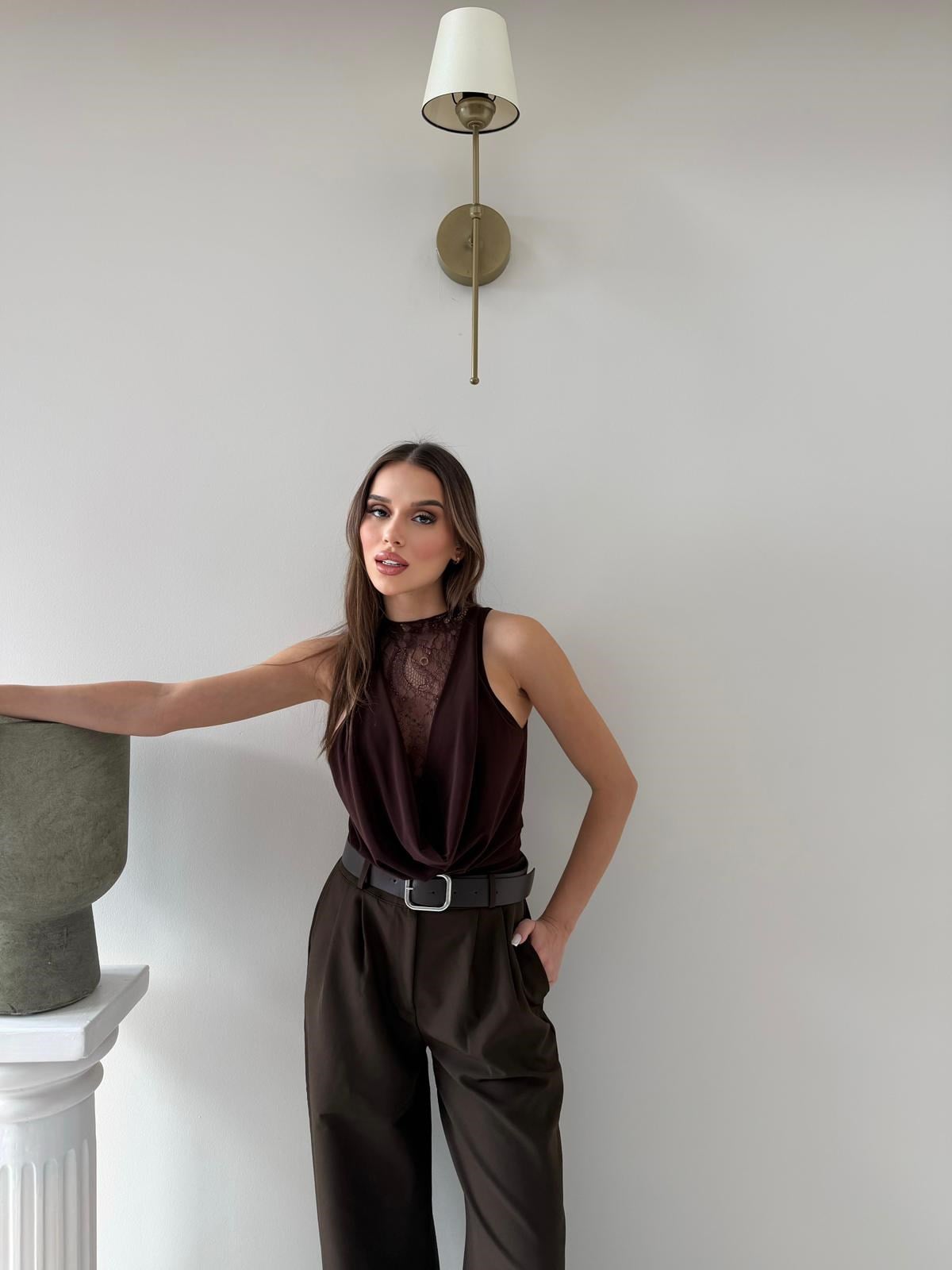 Degaje Yaka Dantel Detay Bodysuit Kahverengi 2083