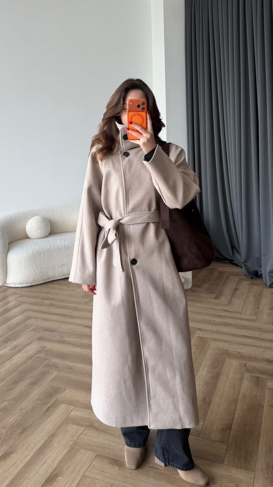 Dik Yaka Bel Kuşaklı İç Astarlı Kaşe Kaban Bej 2541