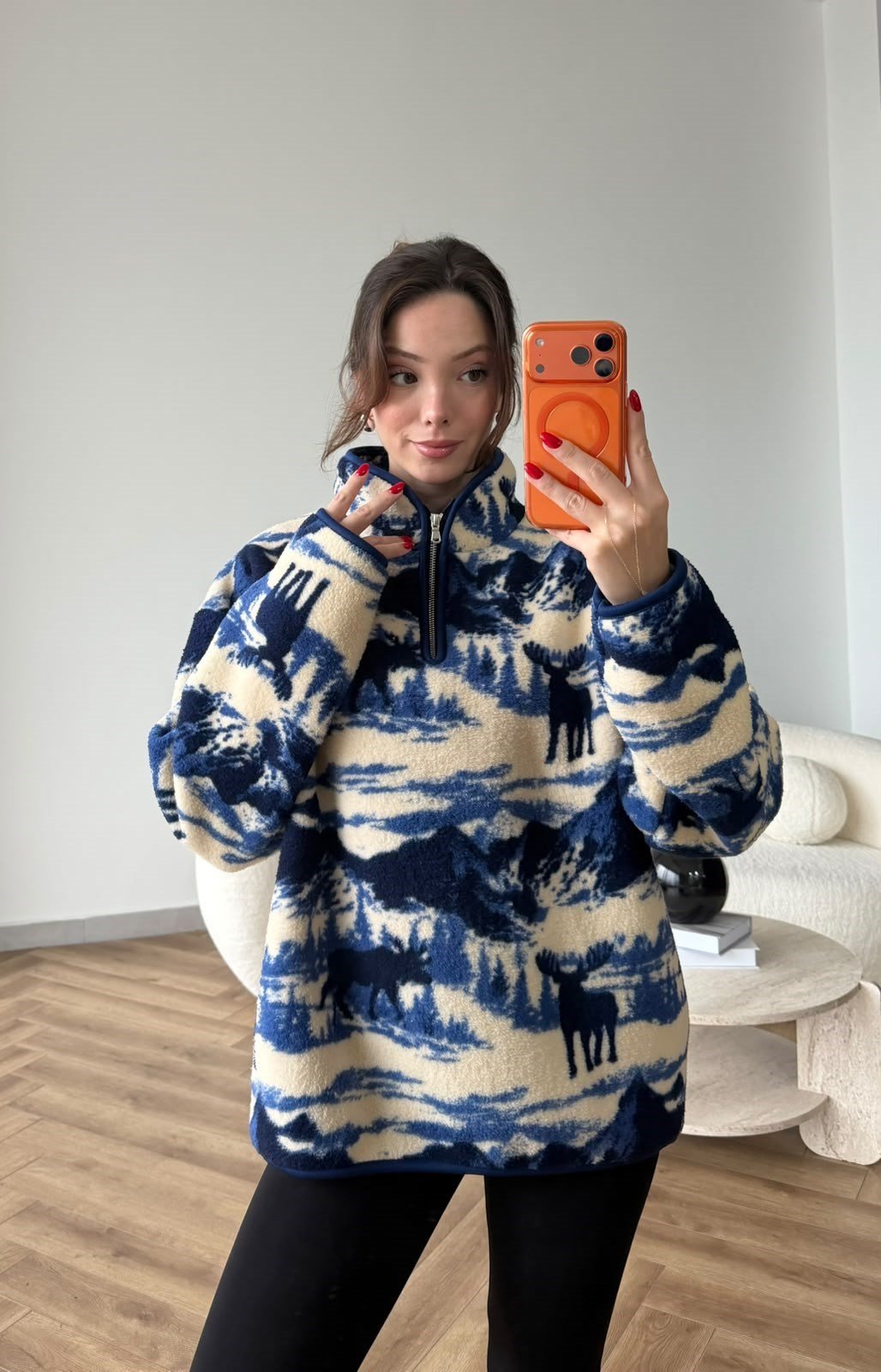 Dik Yaka Fermuar Detay Desenli Polar Sweat Mavi 2516