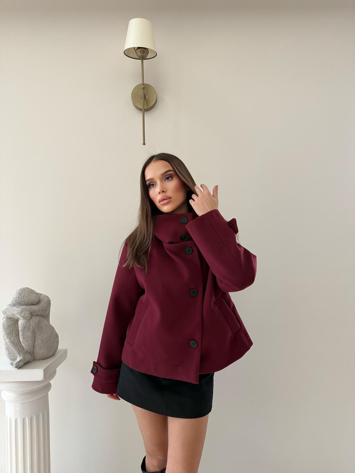 Dik Yaka Kol Kemer Detay İç Astarlı Kaşe Mont Bordo