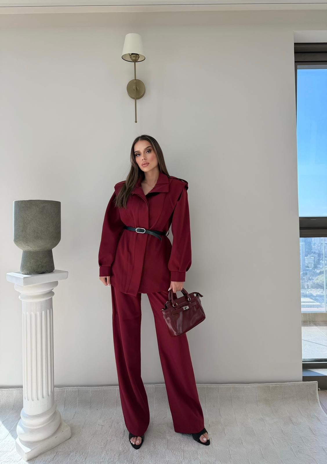 Dik Yaka Omuz Apolet Detay Bel Kemerli Ceket ve Pantolonlu Double Kumaş İkili Takım Bordo 2096